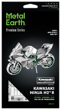 Metal Earth Premium Series Kawasaki Ninja H2 R 2nd Sheet Model kit packaging, featuring a 3D-rendered silver motorcycle on a black background with green and white text.