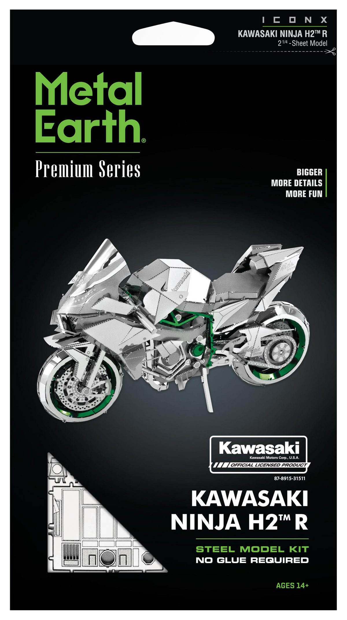 Metal Earth Premium Series Kawasaki Ninja H2 R 2nd Sheet Model kit packaging, featuring a 3D-rendered silver motorcycle on a black background with green and white text.