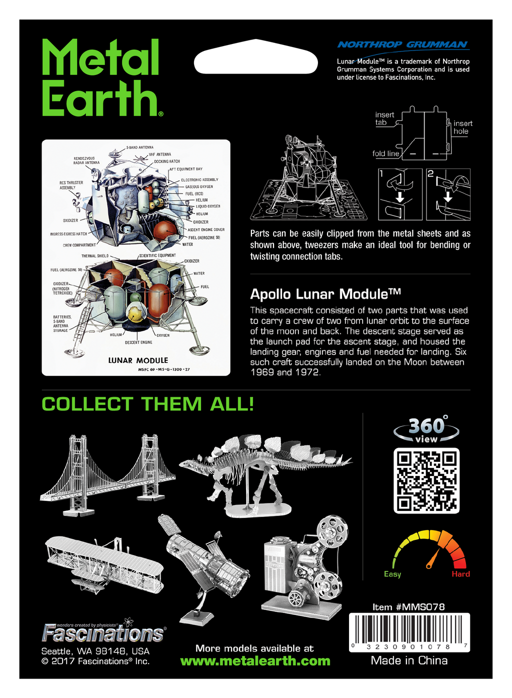 Back of a Metal Earth Apollo Lunar Module kit package, showing exploded views, parts, assembly tips, brand logos, feature icons, and a barcode.