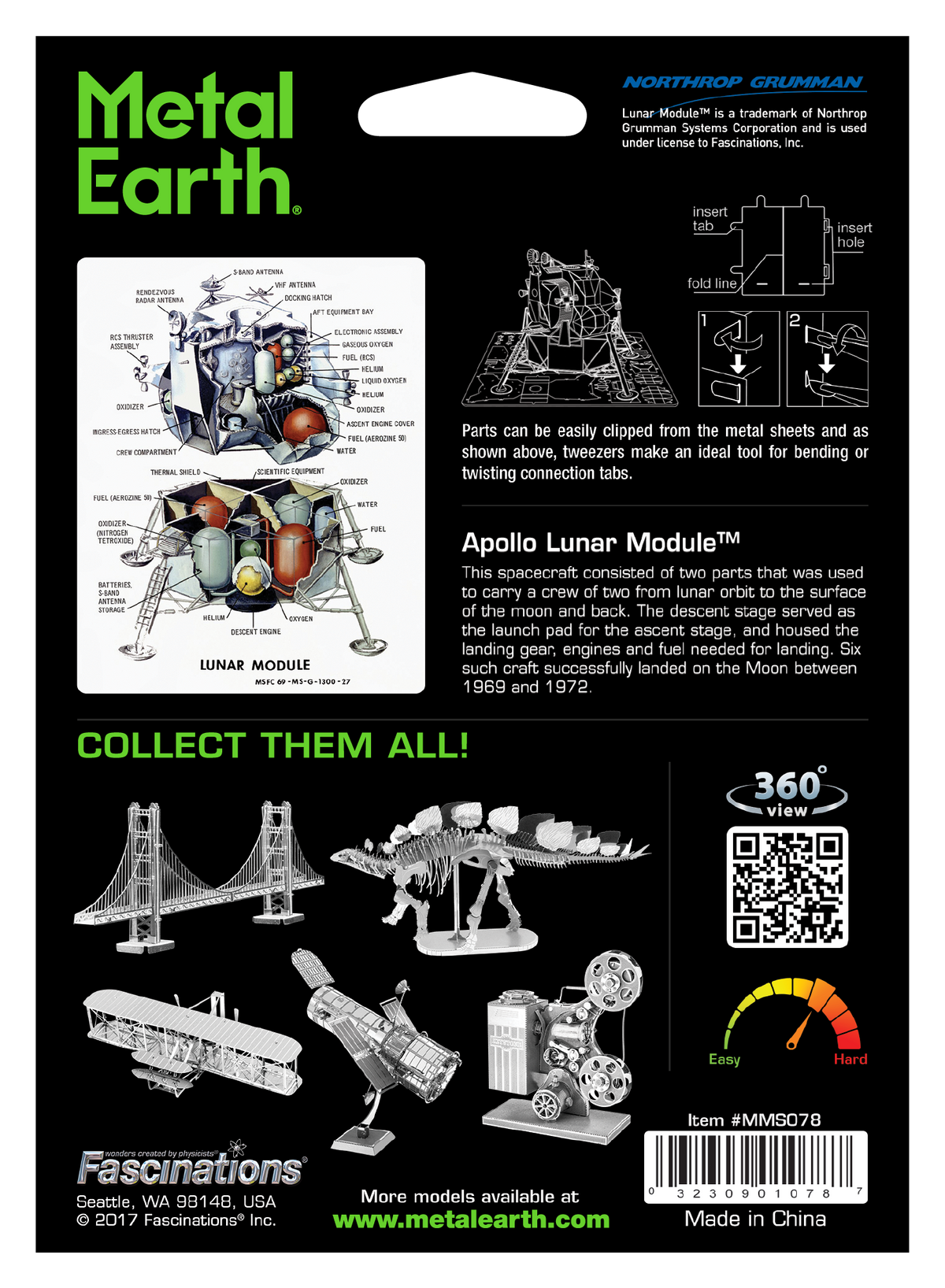 Back of a Metal Earth Apollo Lunar Module kit package, showing exploded views, parts, assembly tips, brand logos, feature icons, and a barcode.