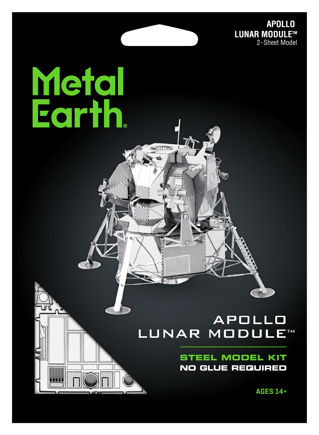 Metal Earth Apollo Lunar Module steel model kit packaging on a black background, showing a grayscale exploded view of the lunar module and bright green Metal Earth branding.