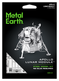 Metal Earth Apollo Lunar Module steel model kit packaging on a black background, showing a grayscale exploded view of the lunar module and bright green Metal Earth branding.