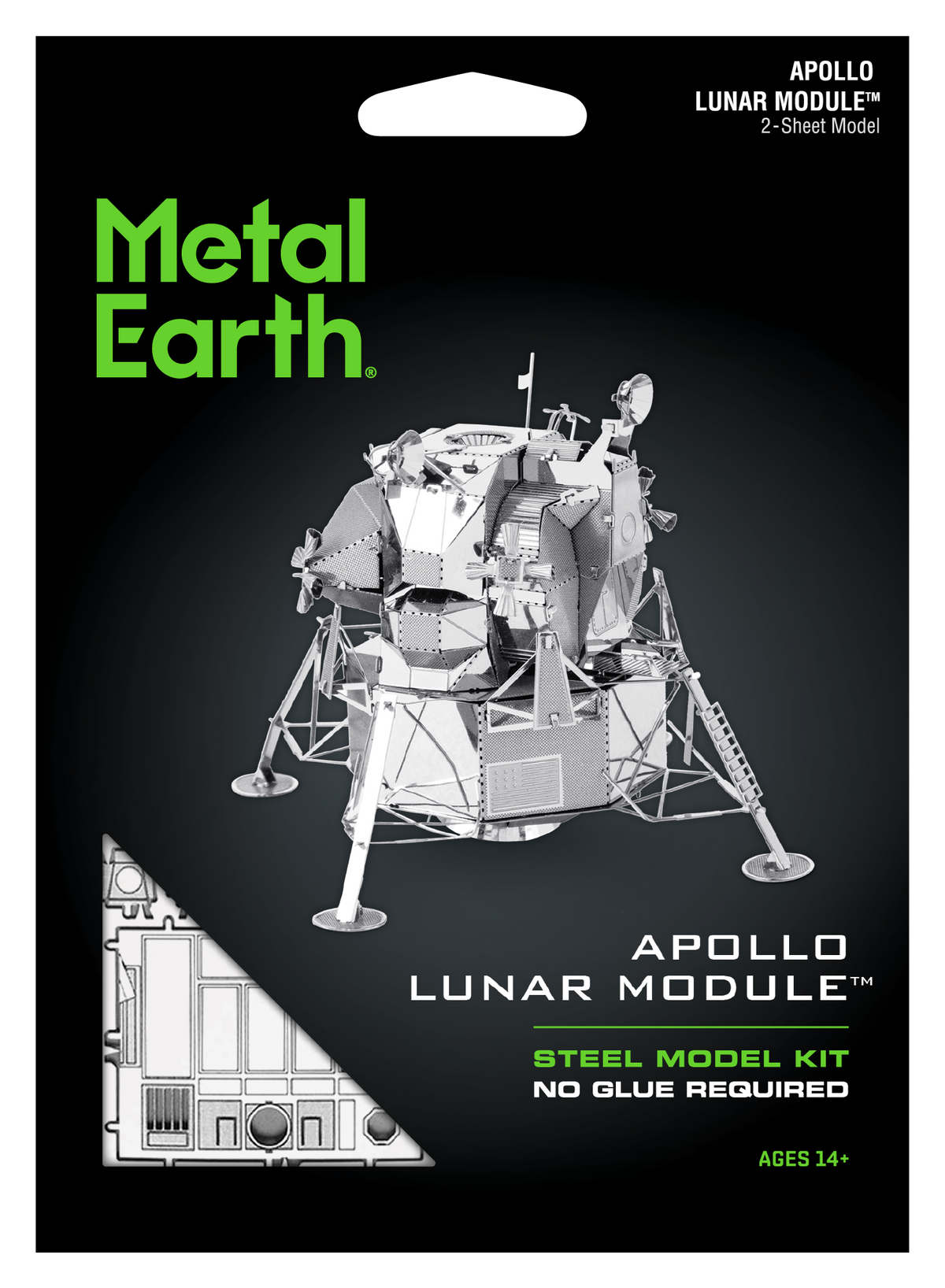 Metal Earth Apollo Lunar Module steel model kit packaging on a black background, showing a grayscale exploded view of the lunar module and bright green Metal Earth branding.