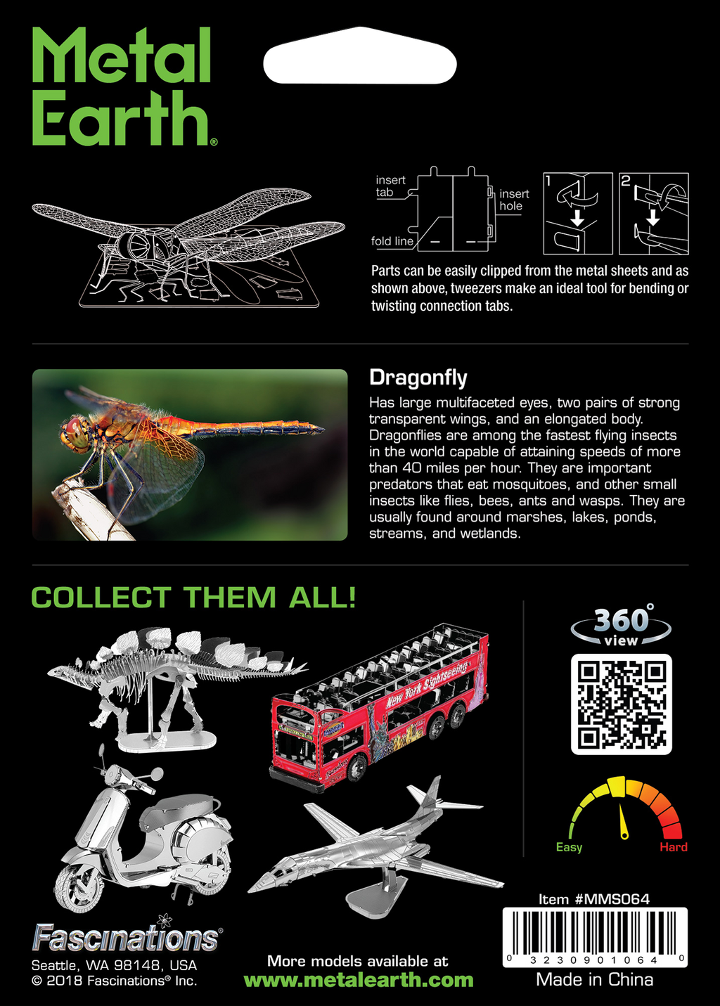 Back of a Metal Earth dragonfly 3D model kit box by Fascinations, showing the assembled dragonfly, parts diagram, real dragonfly photo, text about the creature, and other collectible metal models on a black background.