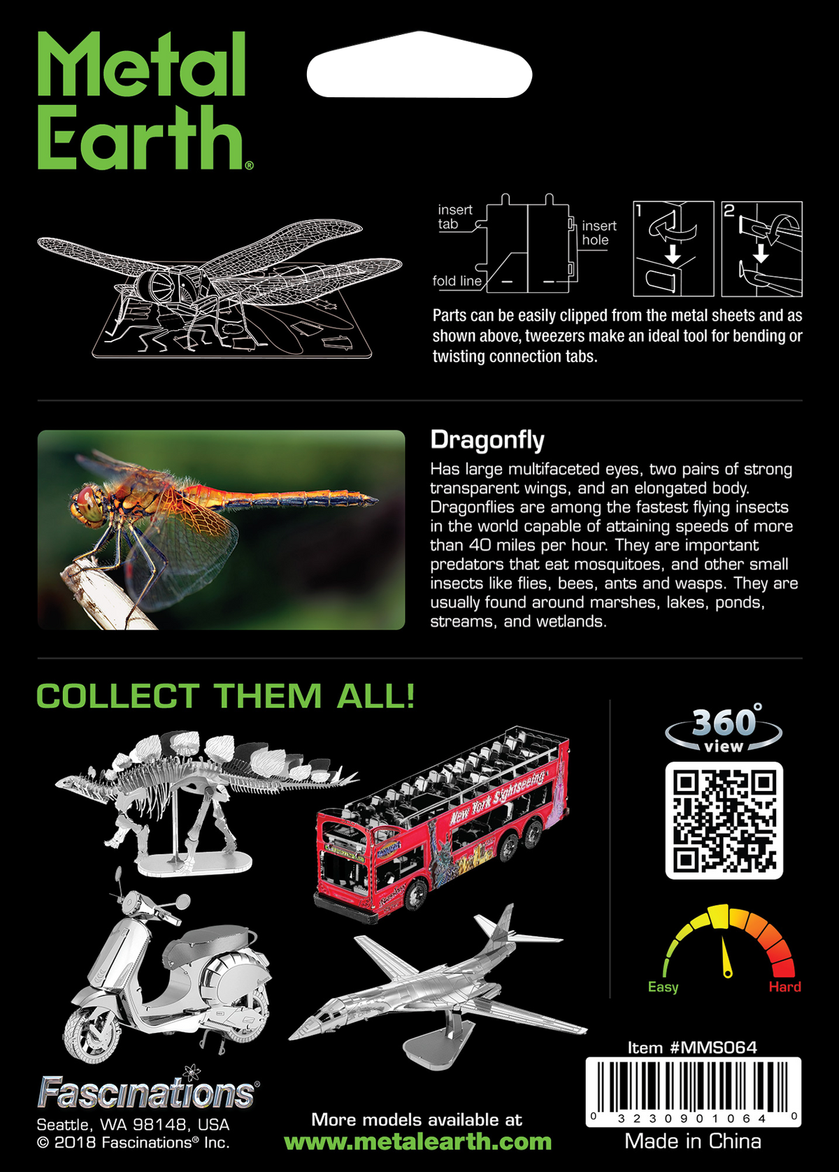 Back of a Metal Earth dragonfly 3D model kit box by Fascinations, showing the assembled dragonfly, parts diagram, real dragonfly photo, text about the creature, and other collectible metal models on a black background.