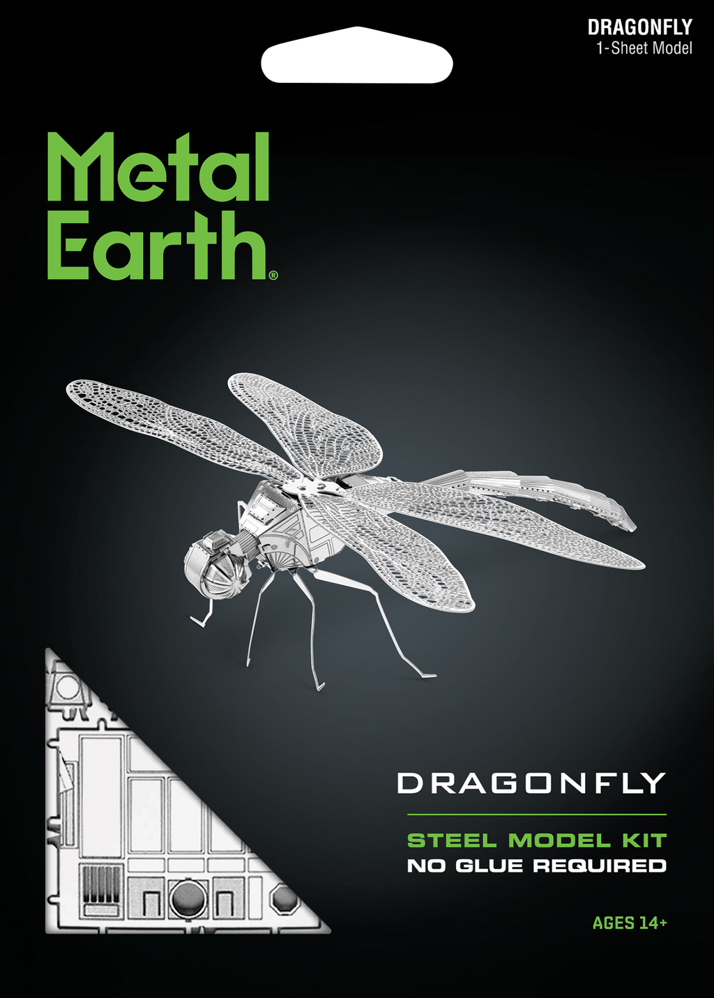 Metal Earth Dragonfly Steel Model Kit packaging, featuring a black background with a silver dragonfly model illustration, green brand text, and product details.