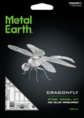Metal Earth Dragonfly Steel Model Kit packaging, featuring a black background with a silver dragonfly model illustration, green brand text, and product details.