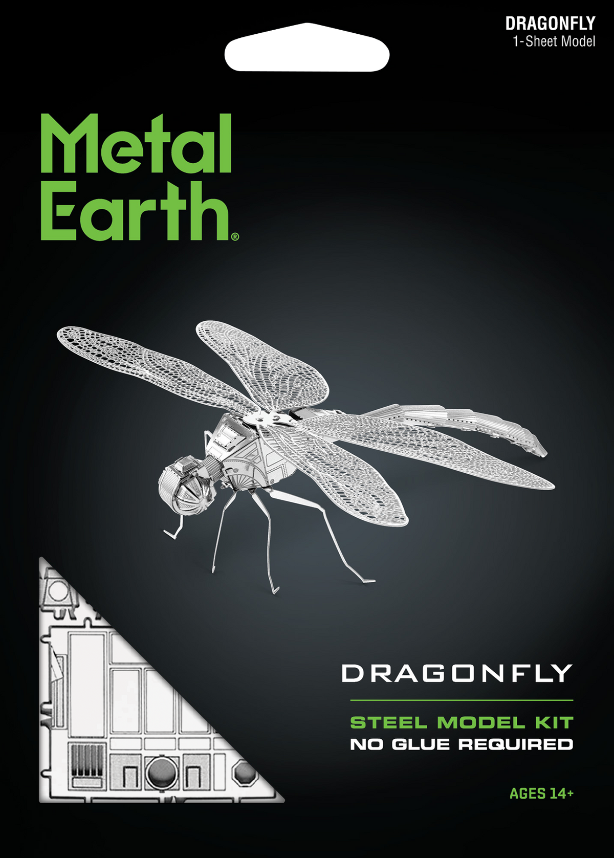 Metal Earth Dragonfly Steel Model Kit packaging, featuring a black background with a silver dragonfly model illustration, green brand text, and product details.