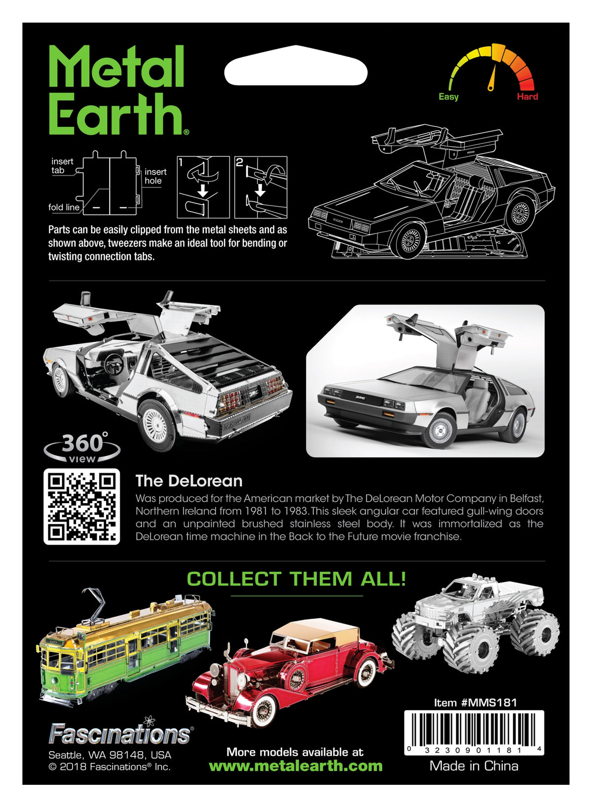 Back packaging card for a Metal Earth 3D metal model kit, featuring black background with product diagrams, a 3D rendering of a silver DeLorean car, a QR code, and several other model cars shown in color.