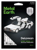 Metal Earth DeLorean 2nd Sheet Model kit packaging, featuring a white DeLorean time machine with gull-wing doors open on a black background with green and white text.