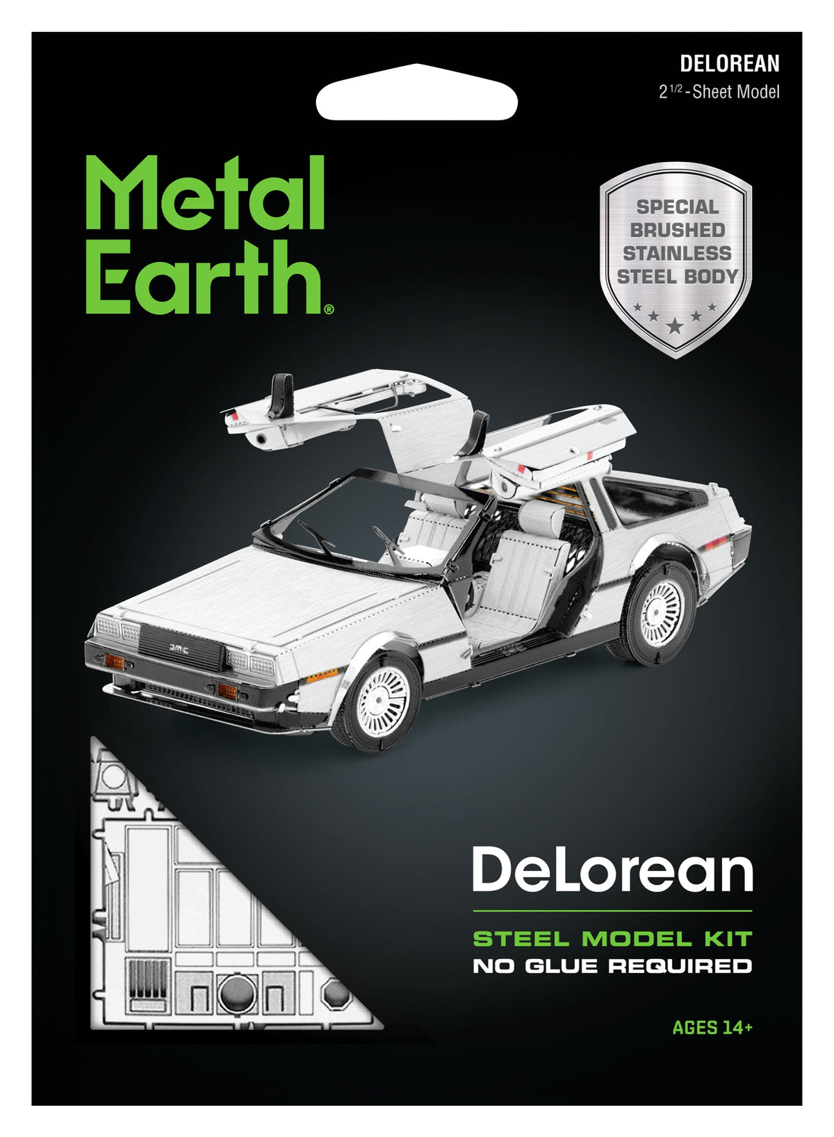 Metal Earth DeLorean 2nd Sheet Model kit packaging, featuring a white DeLorean time machine with gull-wing doors open on a black background with green and white text.