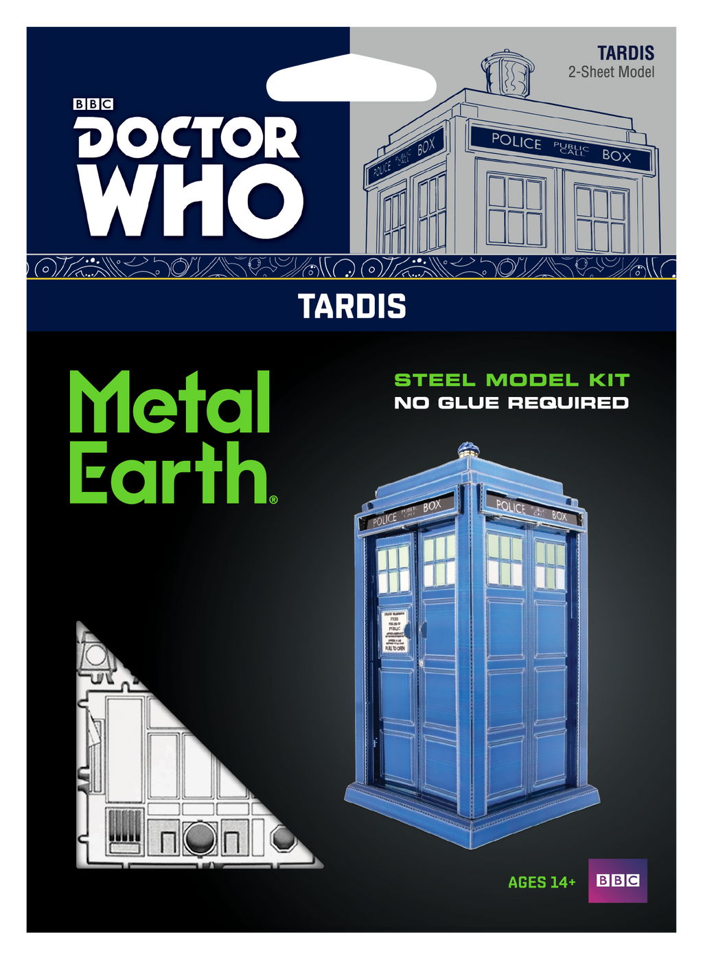 BBC Doctor Who Metal Earth TARDIS 2-sheet model kit packaging, featuring a blue TARDIS illustration, a black background, and the Doctor Who and Metal Earth logos.