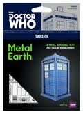 BBC Doctor Who Metal Earth TARDIS 2-sheet model kit packaging, featuring a blue TARDIS illustration, a black background, and the Doctor Who and Metal Earth logos.