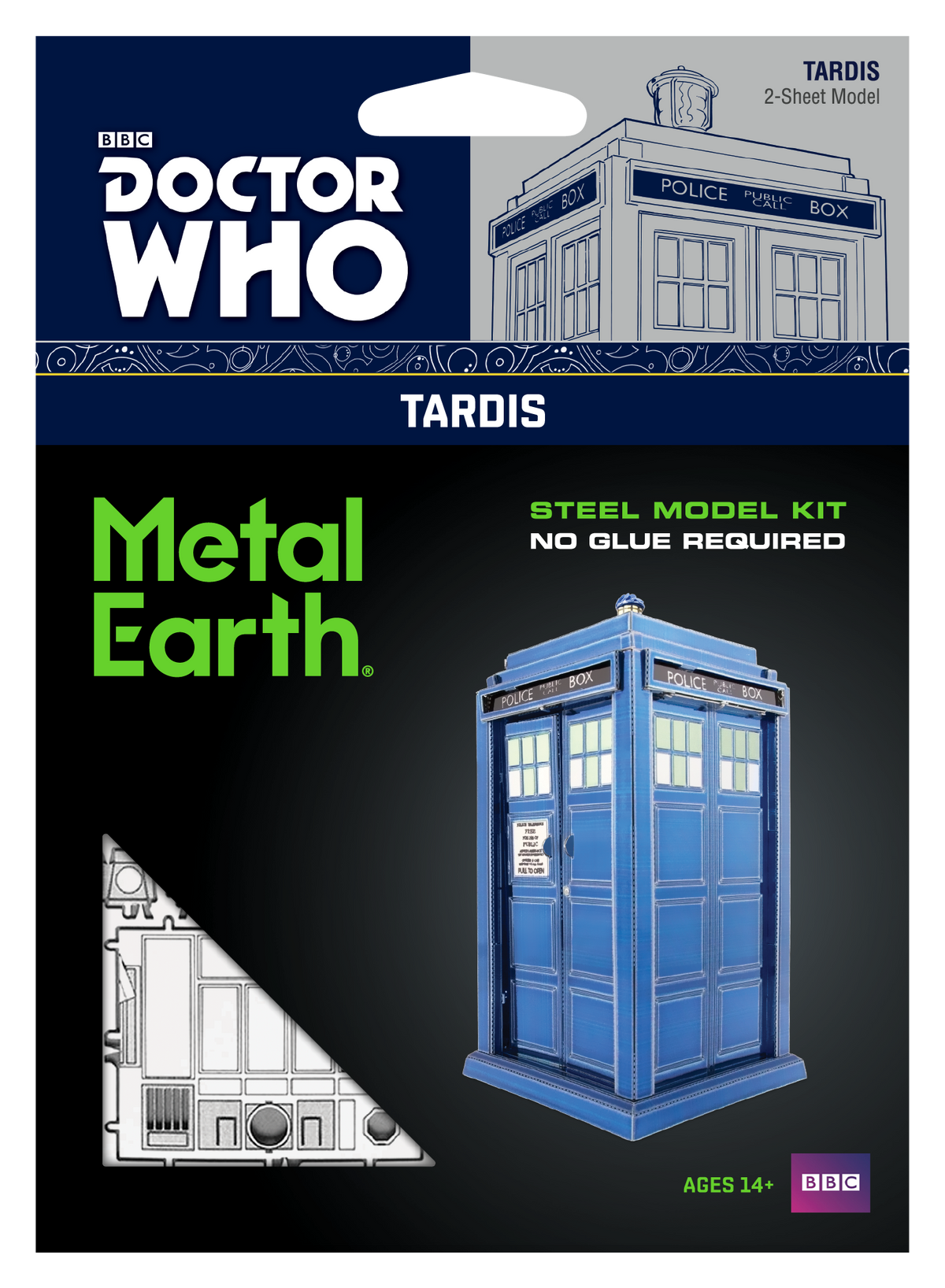 BBC Doctor Who Metal Earth TARDIS 2-sheet model kit packaging, featuring a blue TARDIS illustration, a black background, and the Doctor Who and Metal Earth logos.