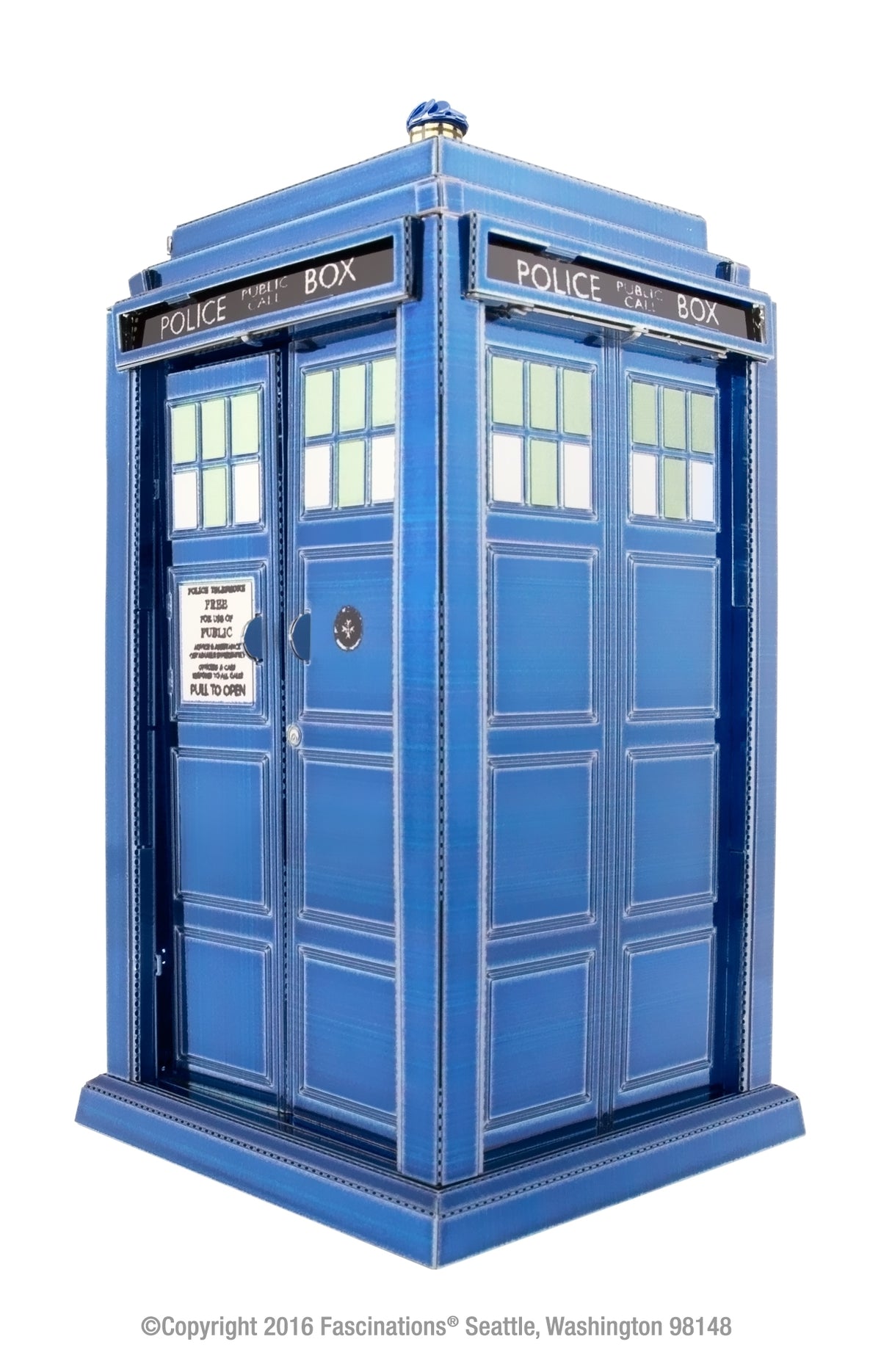 A blue TARDIS-style police box display model with white panel lines, glass-paneled windows, and 'POLICE BOX' signage on the front, shown on a white background with a small copyright watermark at the bottom.