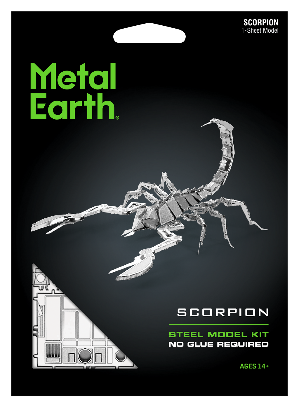 Metal Earth Scorpion steel model kit retail packaging, featuring a black background with a large silver scorpion model, green 'Metal Earth' logo, and white text reading 'Scorpion Steel Model Kit' and 'No Glue Required'.