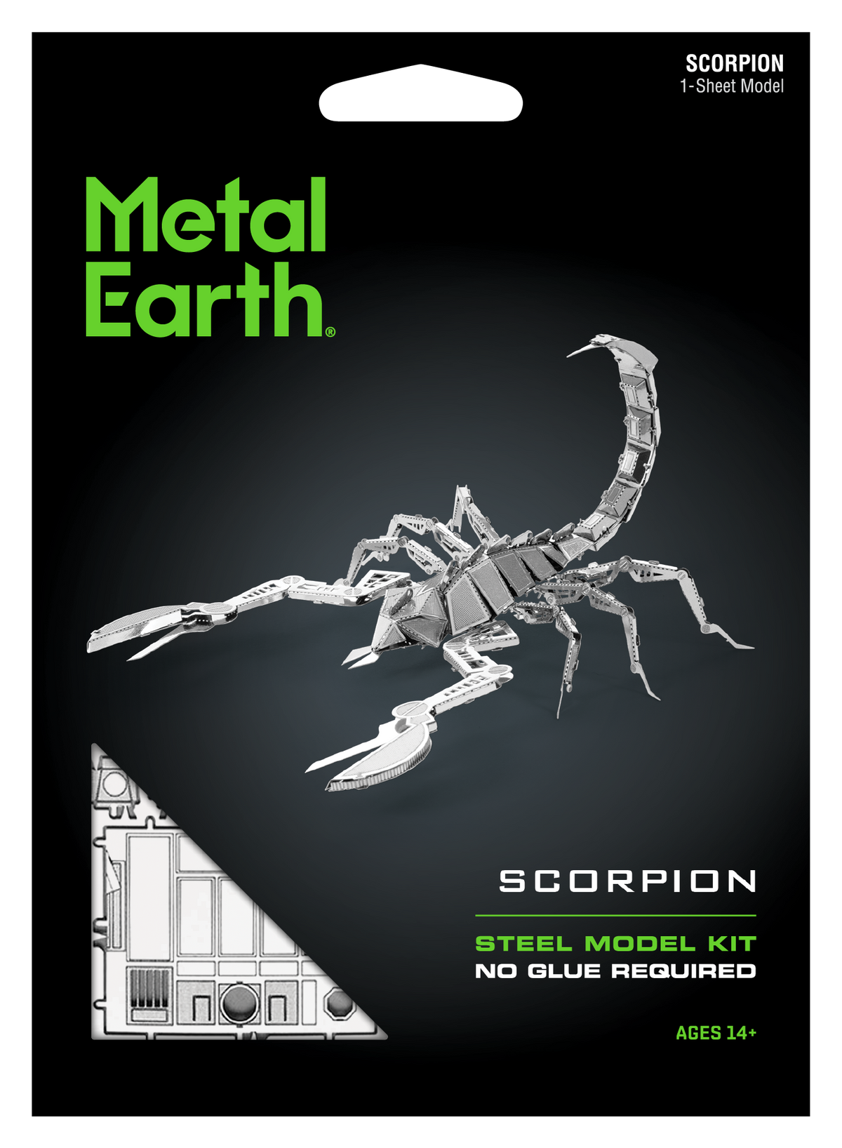 Metal Earth Scorpion steel model kit retail packaging, featuring a black background with a large silver scorpion model, green 'Metal Earth' logo, and white text reading 'Scorpion Steel Model Kit' and 'No Glue Required'.