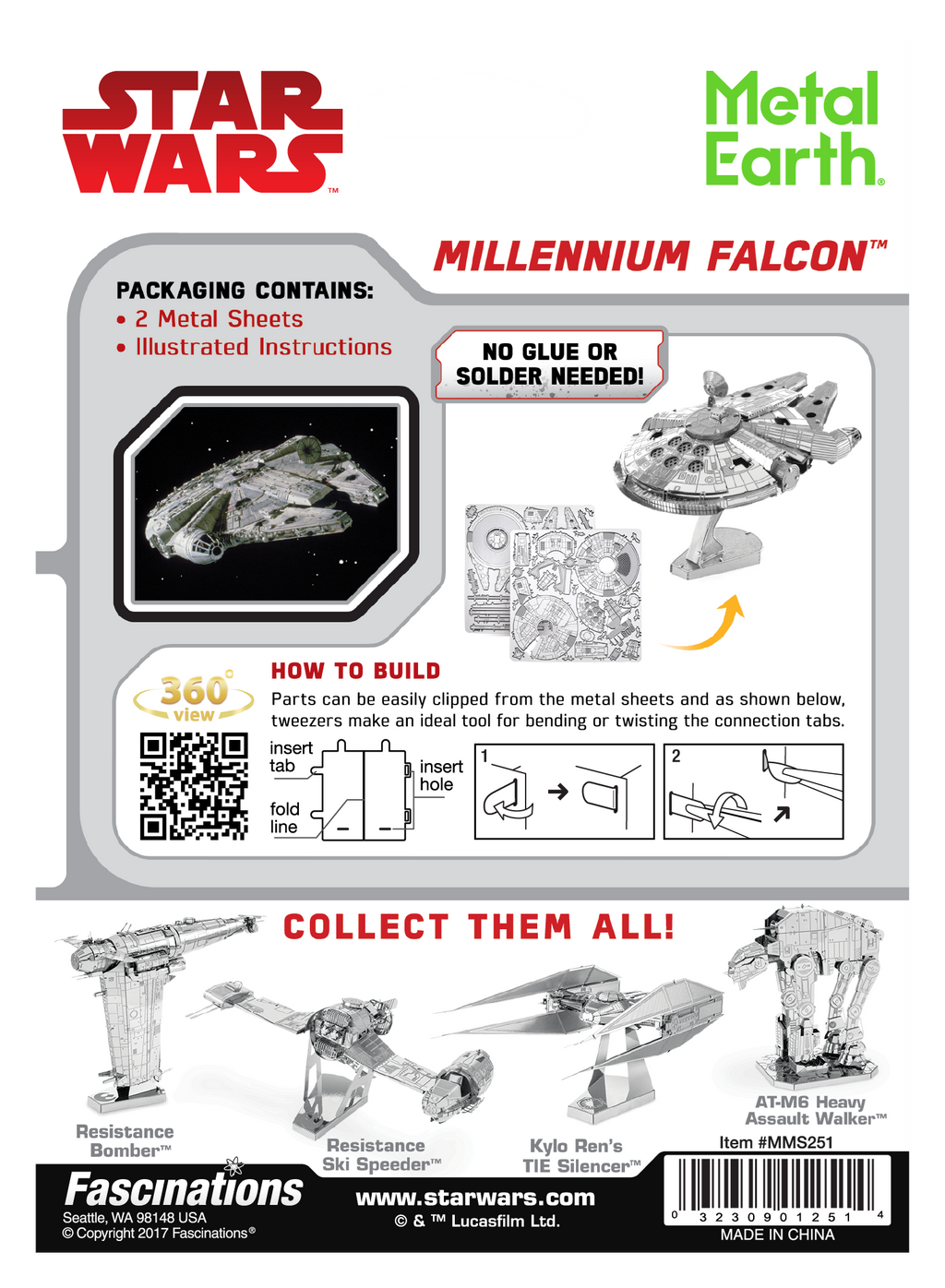 Back cover of a Star Wars Metal Earth Millennium Falcon building kit package by Fascinations, showing product packaging, assembly instructions, parts list, and model images of the Millennium Falcon.