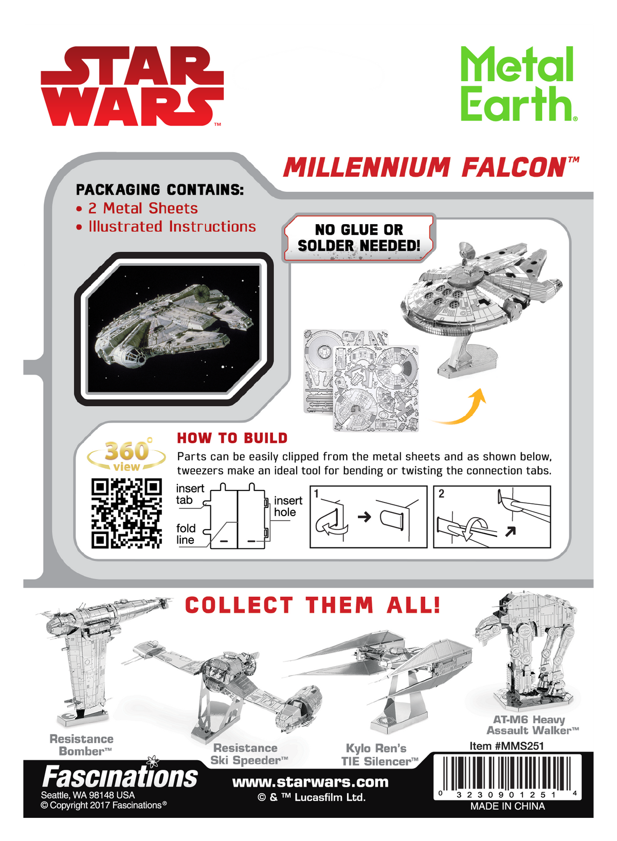 Back cover of a Star Wars Metal Earth Millennium Falcon building kit package by Fascinations, showing product packaging, assembly instructions, parts list, and model images of the Millennium Falcon.