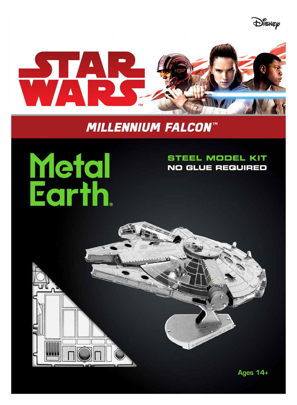 Star Wars Metal Earth Millennium Falcon steel model kit packaging, featuring the Star Wars and Disney logos, character artwork, and a rendered view of the assembled Millennium Falcon on a black background.