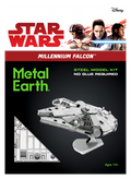 Star Wars Metal Earth Millennium Falcon steel model kit packaging, featuring the Star Wars and Disney logos, character artwork, and a rendered view of the assembled Millennium Falcon on a black background.