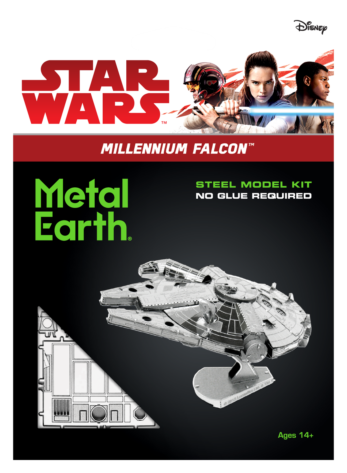 Star Wars Metal Earth Millennium Falcon steel model kit packaging, featuring the Star Wars and Disney logos, character artwork, and a rendered view of the assembled Millennium Falcon on a black background.