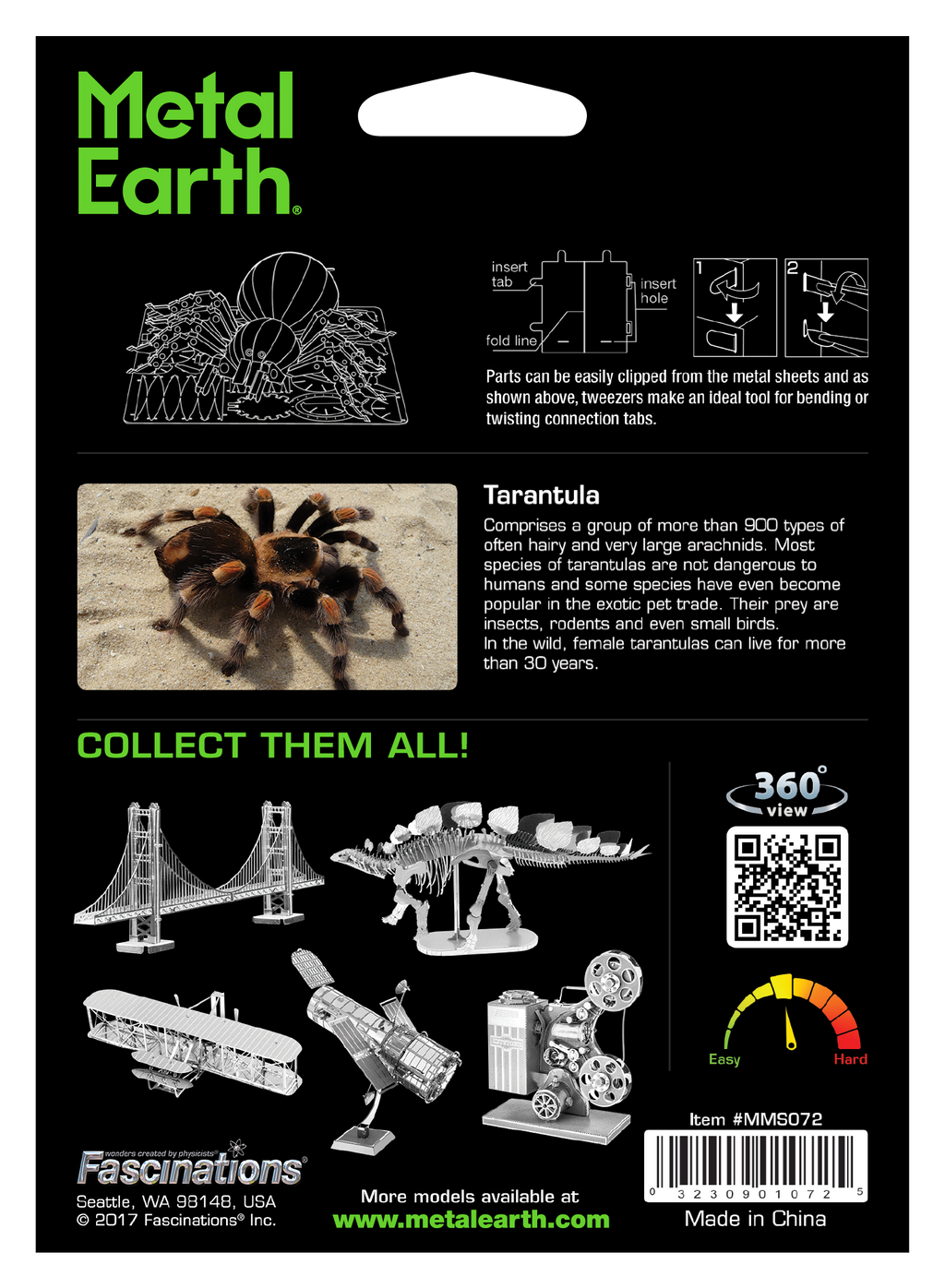 Metal Earth Fascinations tarantula 3D metal model kit packaging card, featuring a black background with green and white text, product assembly diagrams, a tarantula photo, and illustrations of other collectible metal models.