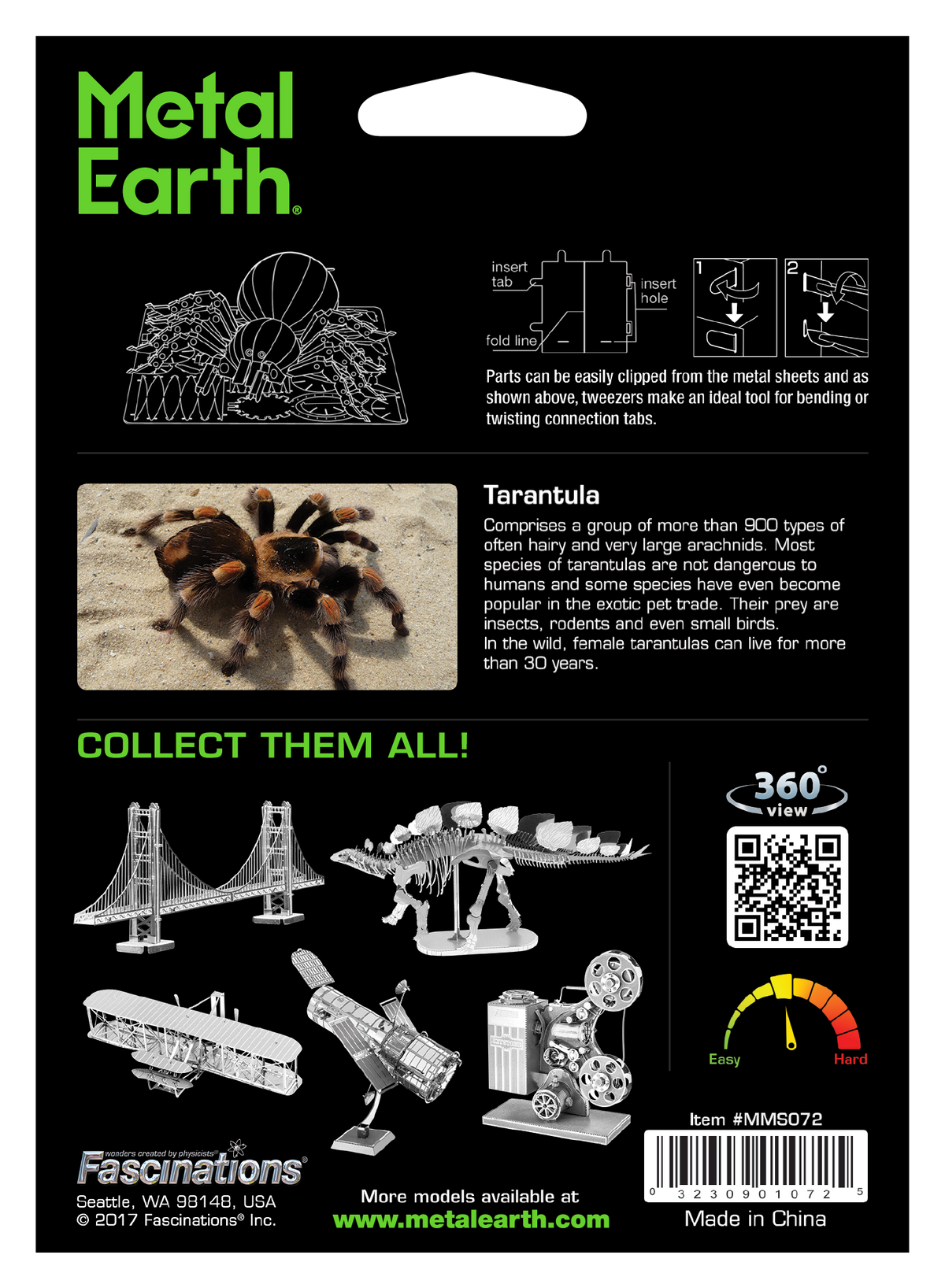 Metal Earth Fascinations tarantula 3D metal model kit packaging card, featuring a black background with green and white text, product assembly diagrams, a tarantula photo, and illustrations of other collectible metal models.