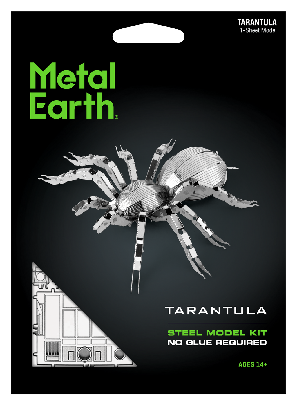 Metal Earth Tarantula 1-sheet model kit packaging, featuring a silver metallic spider model and product details on a black background.