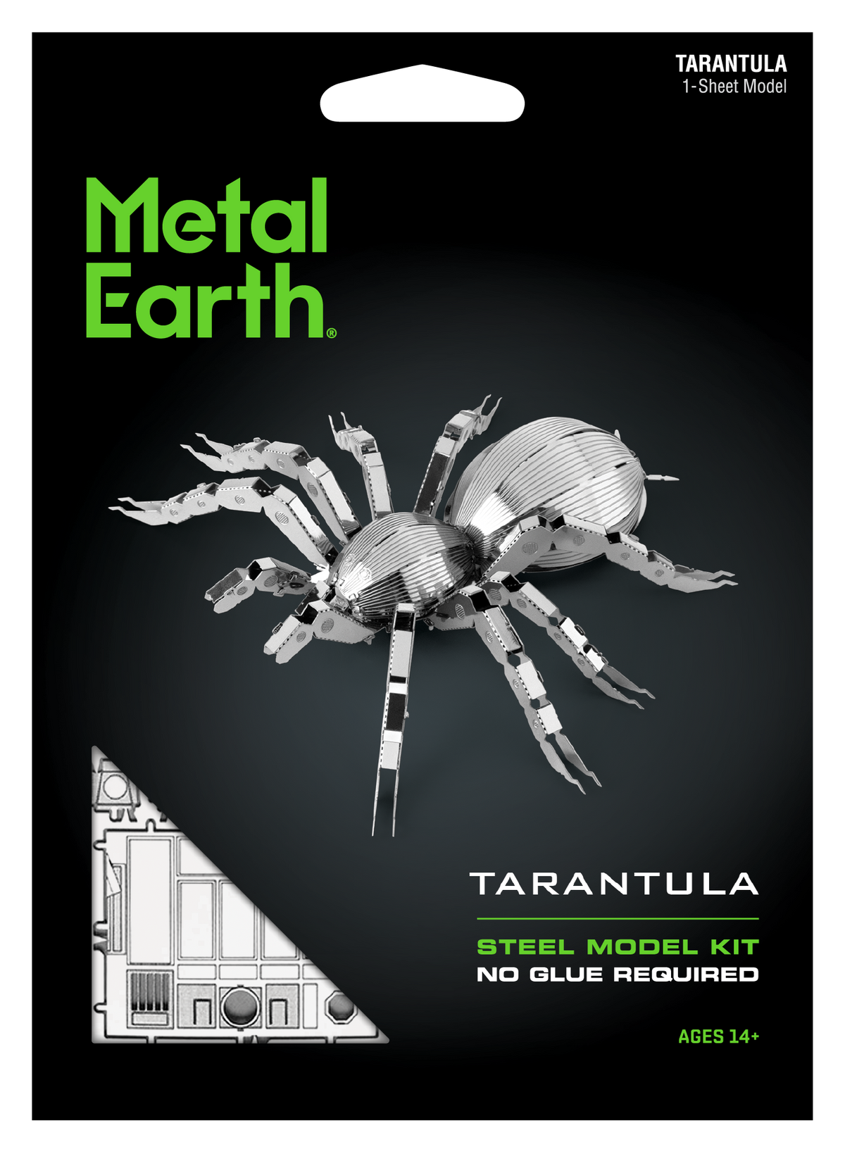 Metal Earth Tarantula 1-sheet model kit packaging, featuring a silver metallic spider model and product details on a black background.
