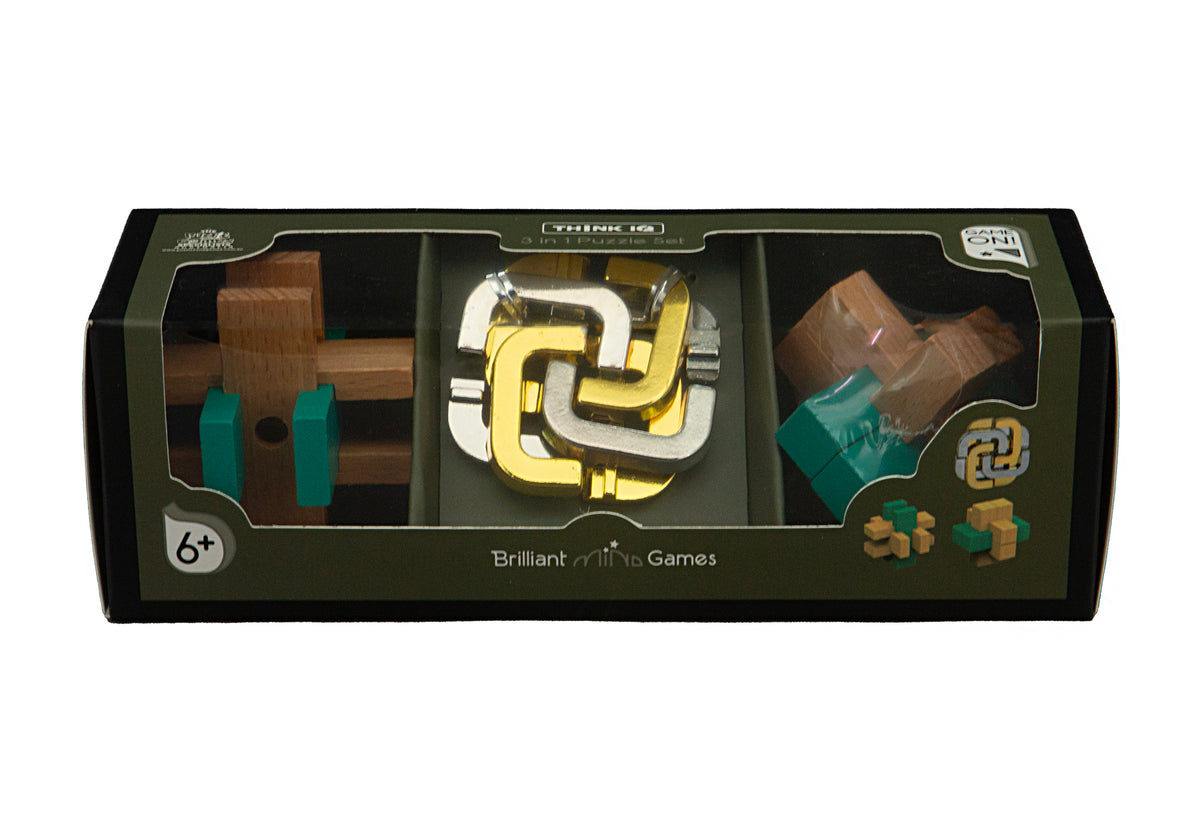 Think IQ 3-in-1 Puzzle Set with cast metal knot and wooden burrs
