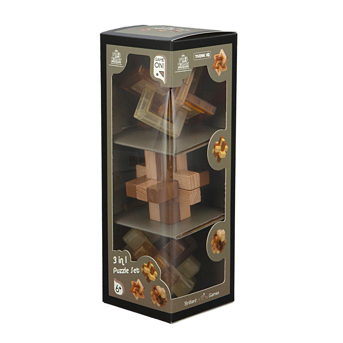 Think IQ 3-in-1 Puzzle Set with three natural wooden burr puzzles