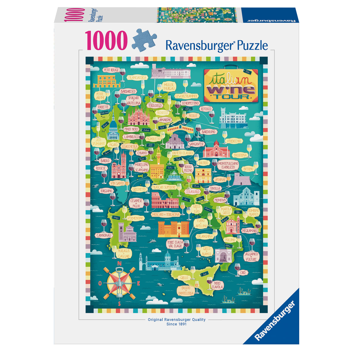 Ravensburger 1000-piece jigsaw puzzle box featuring a colorful illustrated map of Italy's wine regions, with the Ravensburger brand name on the box.