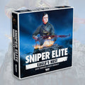 Board game box for 'Sniper Elite: Eagle's Nest' shown at a three-quarter angle against a light gray, blurred historical battlefield background. The box features a dark blue cover with a soldier holding a rifle over a burning trench, with the title in bold white text.