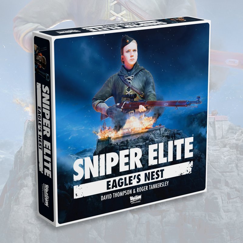 Board game box for 'Sniper Elite: Eagle's Nest' shown at a three-quarter angle against a light gray, blurred historical battlefield background. The box features a dark blue cover with a soldier holding a rifle over a burning trench, with the title in bold white text.