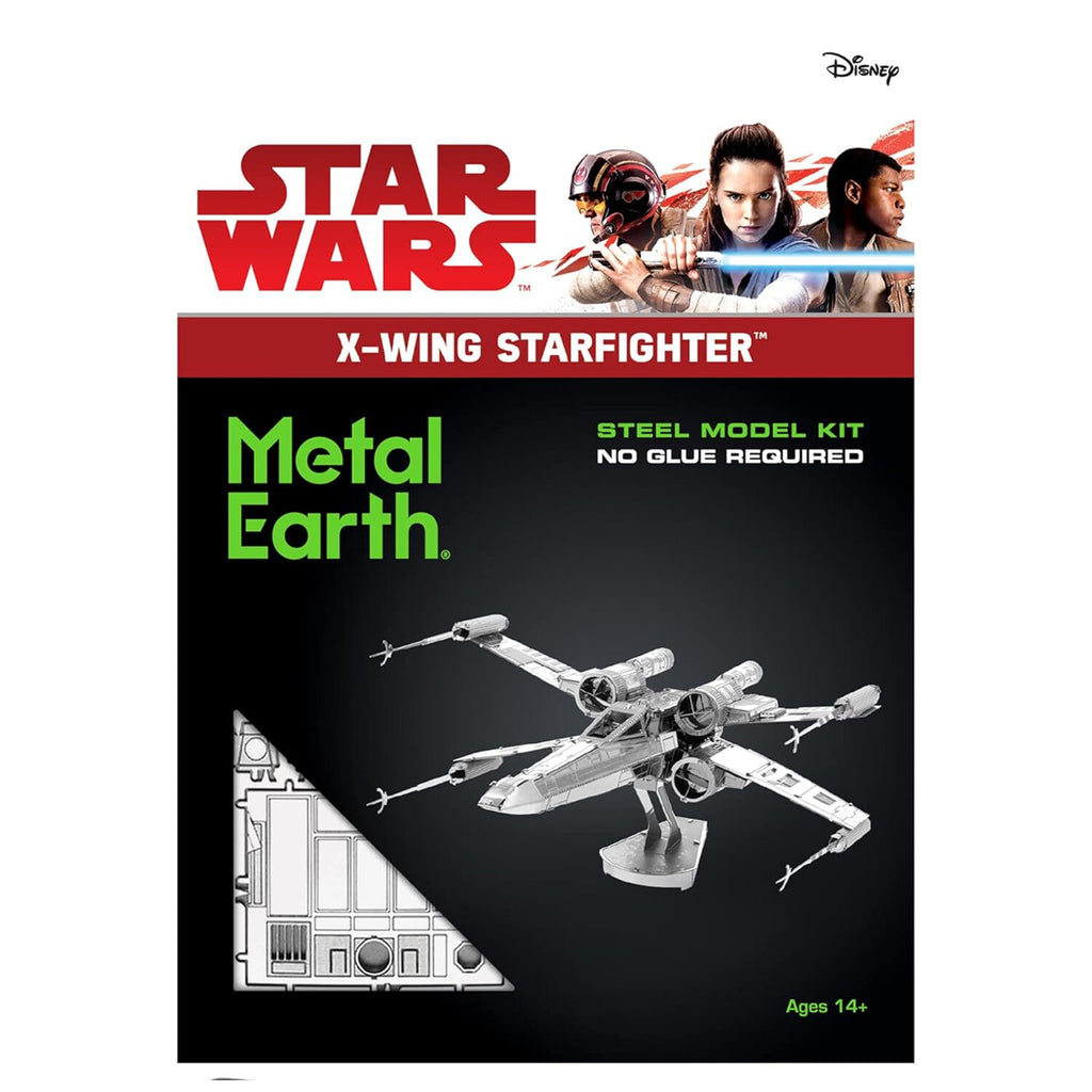Star Wars X-Wing Starfighter Metal Earth steel model kit packaging, featuring a black background with the Star Wars and Disney logos, green 'Metal Earth' text, and a rendered silver X-wing starfighter model.