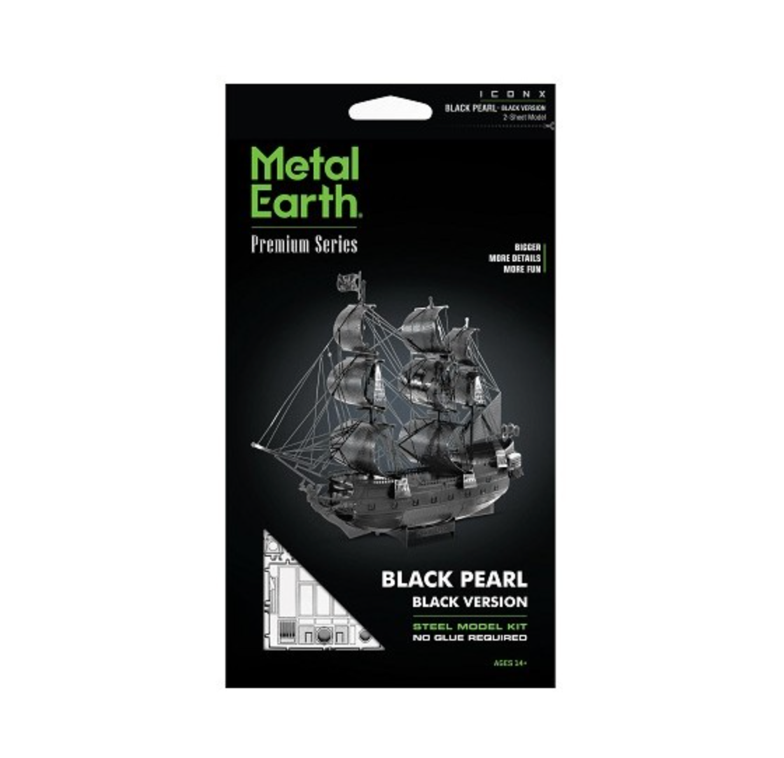 Metal Earth Premium Series Black Pearl Black Version steel model kit packaging, featuring a black pirate ship illustration on a black background.