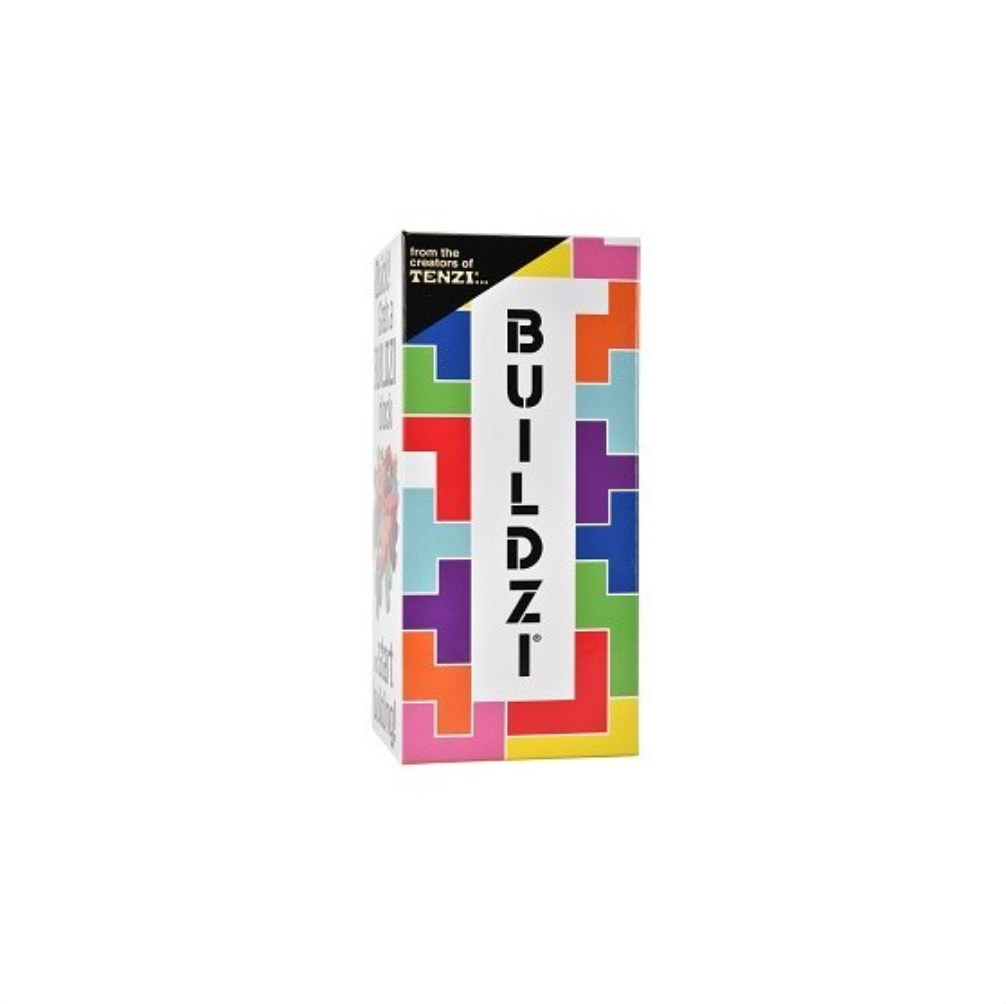 A box of Buildzi, a puzzle game made of Tenzi pieces, shown on a plain white background. The packaging features a white center with the brand name 'BUILDZI' in black, surrounded by a colorful border of interlocking puzzle-piece shapes in various colors like blue, green, yellow, orange, red, and purple.