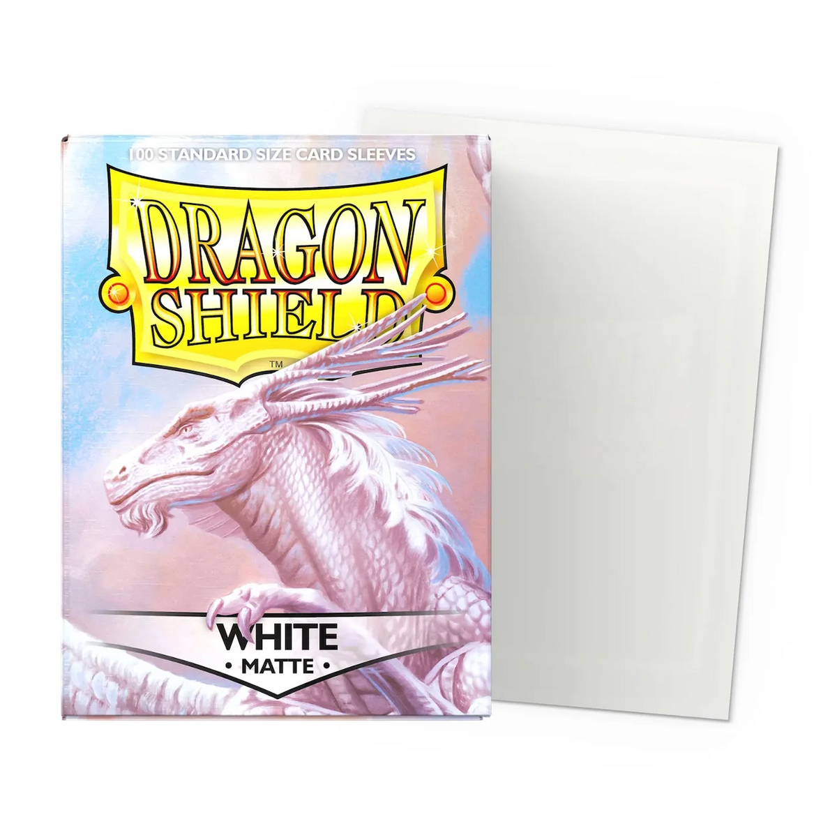 Dragon Shield white matte card sleeves in a clear plastic sleeve, with the front sleeve showing its illustrated cover art of a white dragon and the text 'Dragon Shield' and 'White Matte'.