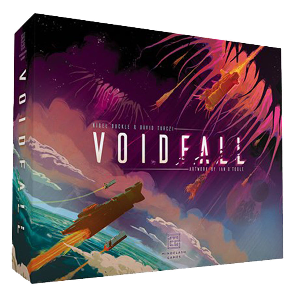 Board game box titled 'Voidfall' with colorful artwork on a white background
