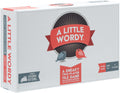 The product packaging box for 'A Little Wordy' two-player word game, featuring a white box with red, black, and gray graphics and illustrations of two birds.