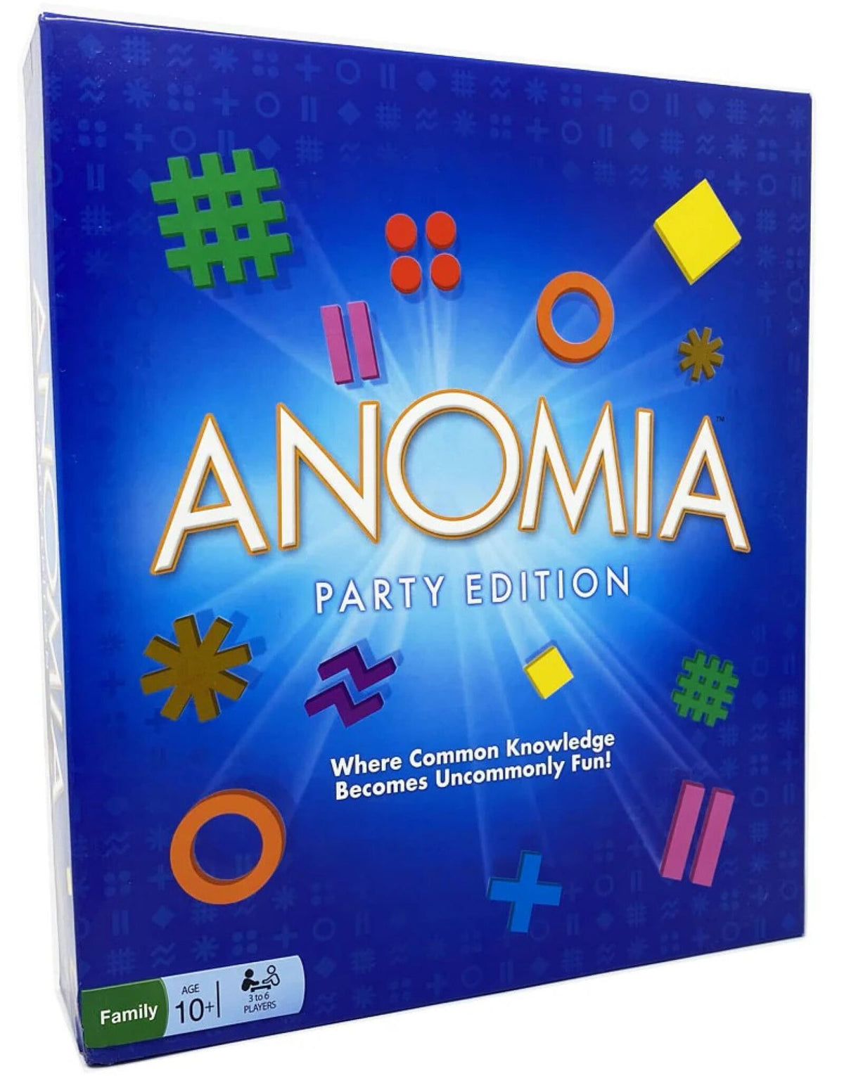 Board game box for 'Anomia Party Edition' with colorful symbols on a blue background