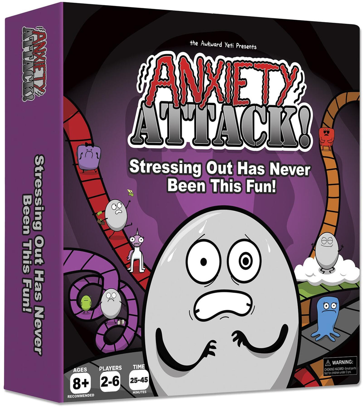Board game box titled 'Anxiety Attack!' with cartoon character and text on a purple background