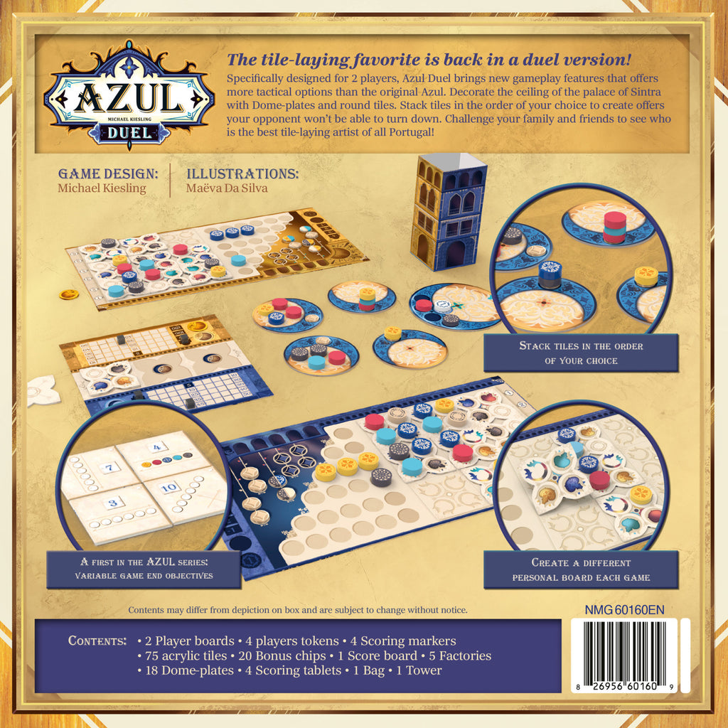 Azul Duel board game packaging with game pieces and tiles on a beige background