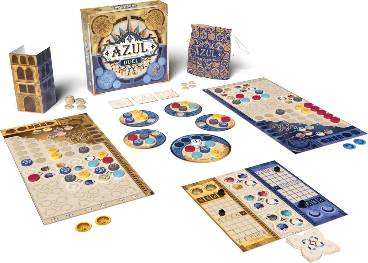 Azul Duel board game components including board, pieces, and packaging on a white background
