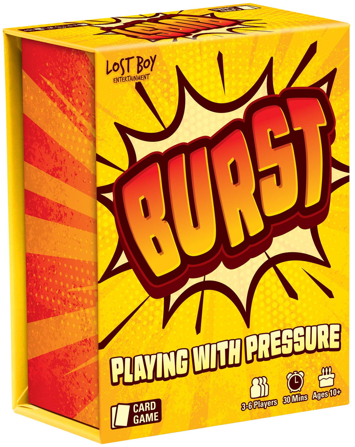Card game box titled 'Burst' by Lost Boy Entertainment with vibrant yellow and red design.
