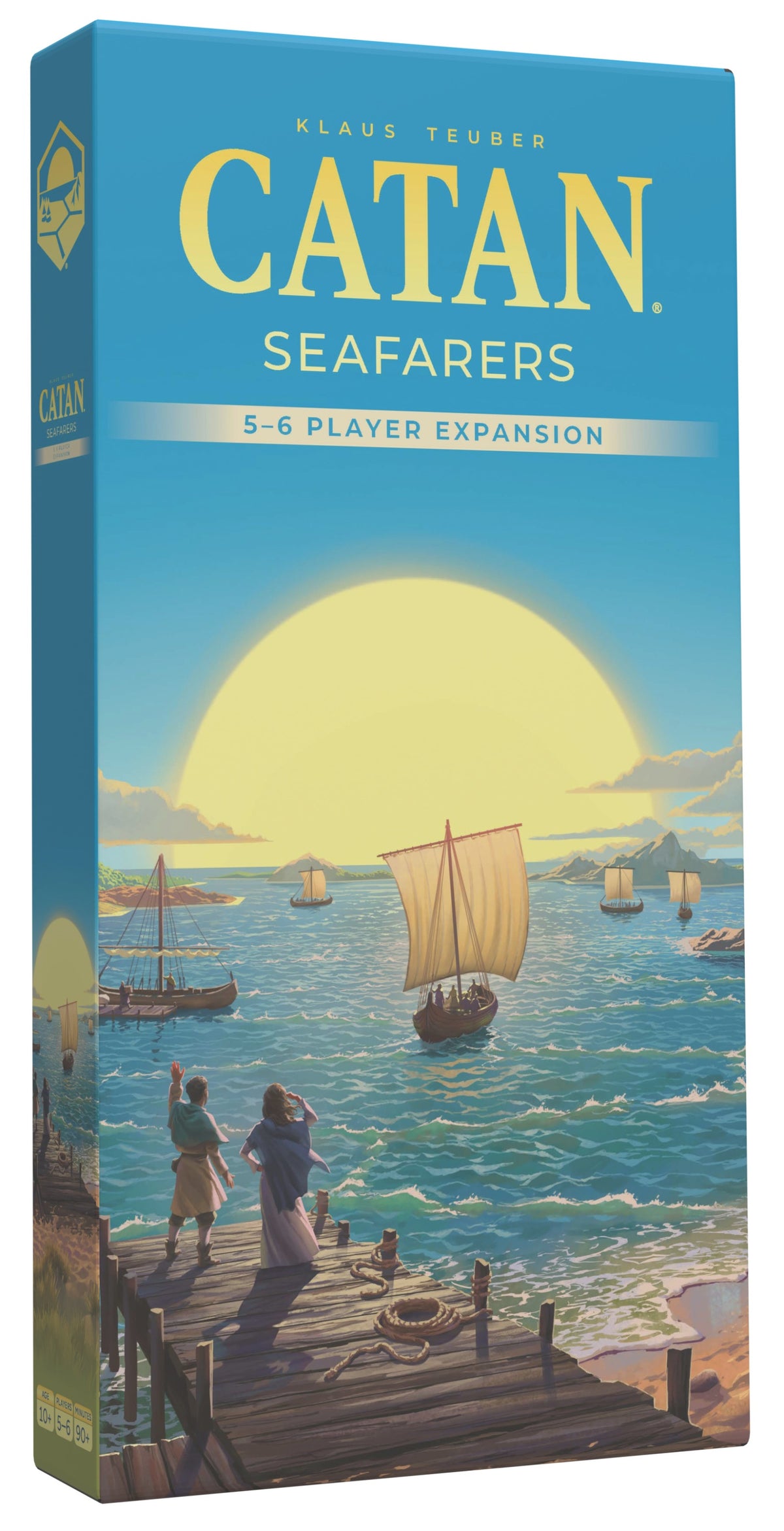 Board game expansion box for 'Catan: Seafarers' with a sunset over water and dock scene.