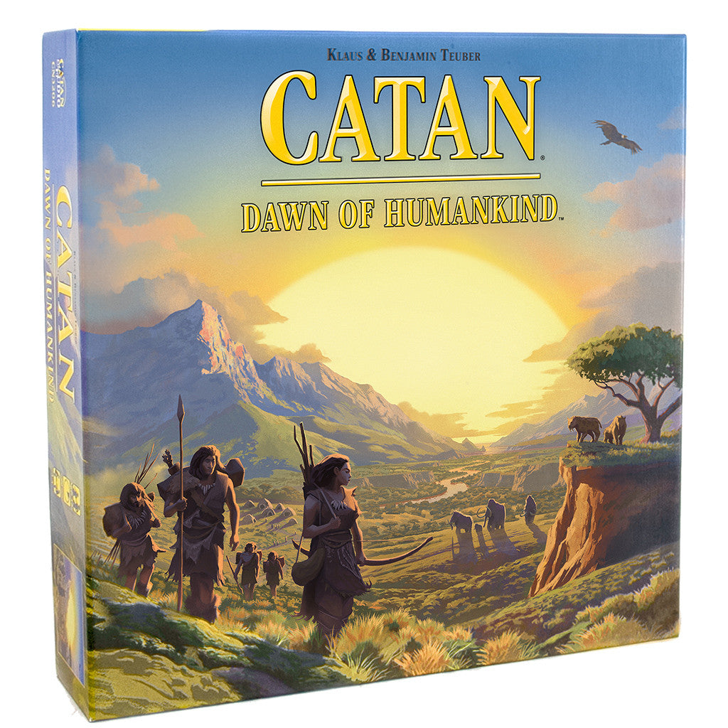 Board game box for 'Catan: Dawn of Humankind' with a scenic illustration on the cover.
