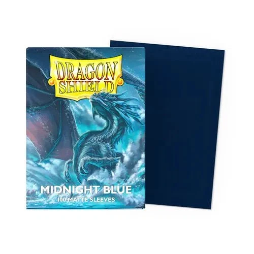 Dragon Shield midnight blue card sleeves with a dragon illustration on a white background