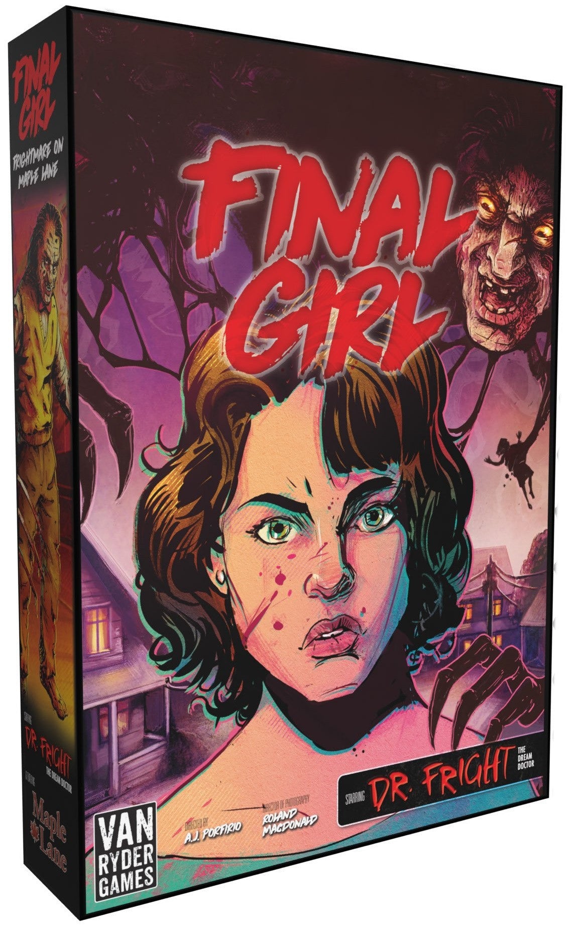 Board game box titled 'Final Girl' with a woman's face and horror-themed design.
